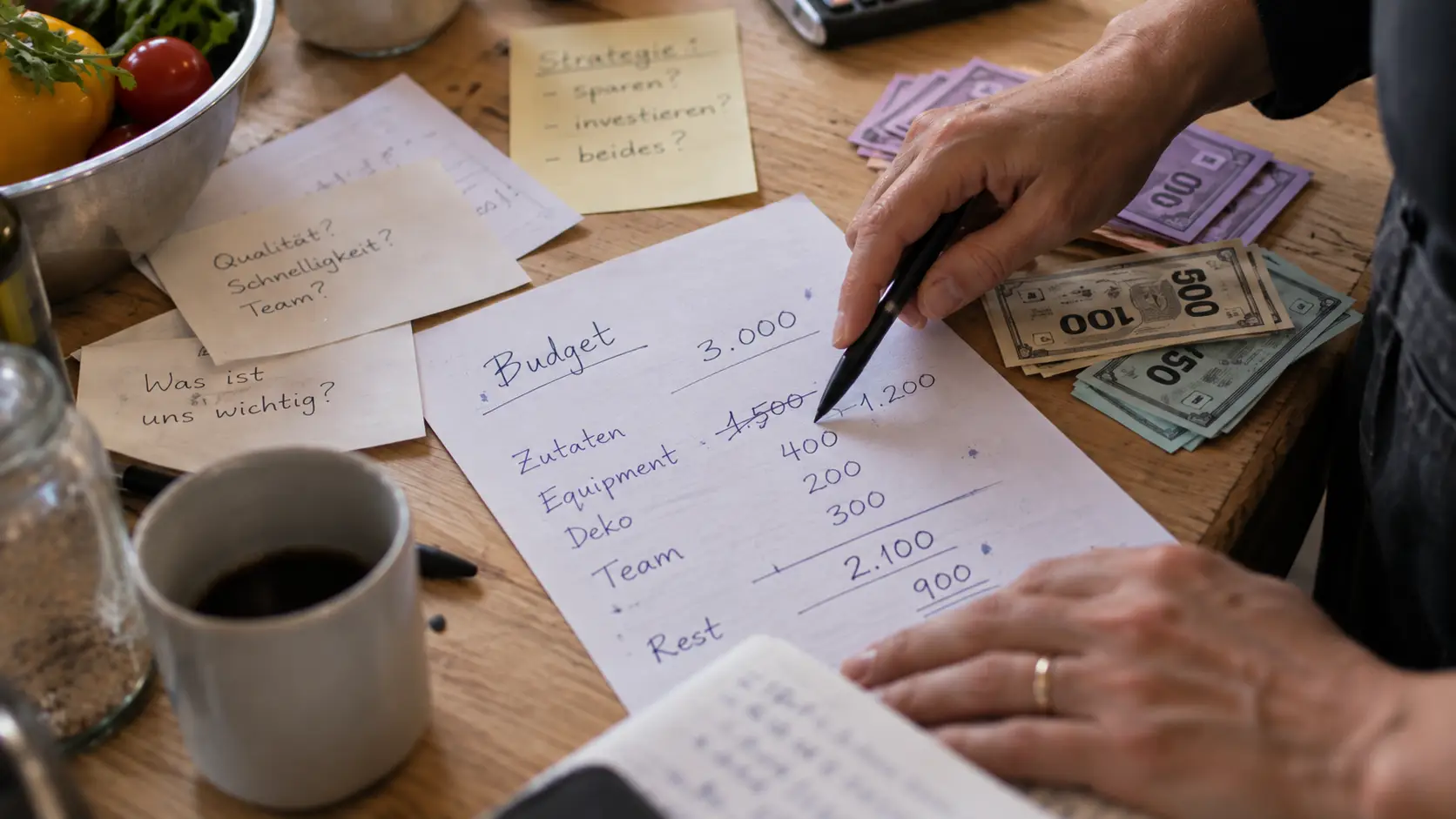 Handgeschriebener Budgetplan mit durchgestrichener Zahl, Spielgeld und Notizzetteln auf einem Holztisch während eines Planspiels für Führungskräfte